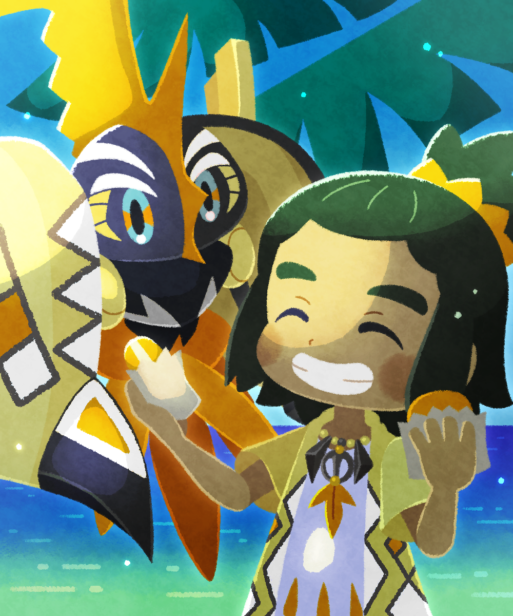 1boy, blue_sky, blush_stickers, chibi, closed_eyes, dark-skinned_male, dark_skin, food, green_hair, hau_(pokemon), hau_(sygna_suit)_(pokemon), highres, holding, holding_food, jewelry, malasada, male_focus, necklace, ocean, oceannuts, official_alternate_costume, palm_tree, pokemon, pokemon_(creature), pokemon_(game), pokemon_masters_ex, sky, smile, tapu_koko, tree