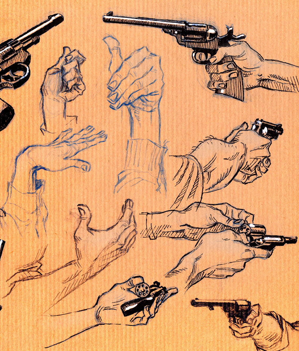amandajespersenholm, ammunition, cartridge, clenched_hand, cocked_hammer, colored_lineart, colored_pencil_(medium), colt_single_action_army, commentary, disembodied_limb, english_commentary, finger_on_trigger, fingernails, fingers, gun, hand_focus, handgun, hatching_(texture), holding, holding_gun, holding_weapon, limited_palette, linear_hatching, lineart, marker_(medium), open_cylinder_(revolver), original, own_hands_together, perspective, reloading, revolver, s&amp;w_m10, sketch, sleeves_past_elbows, smith_&amp;_wesson, snubnosed_revolver, traditional_media, variations, weapon