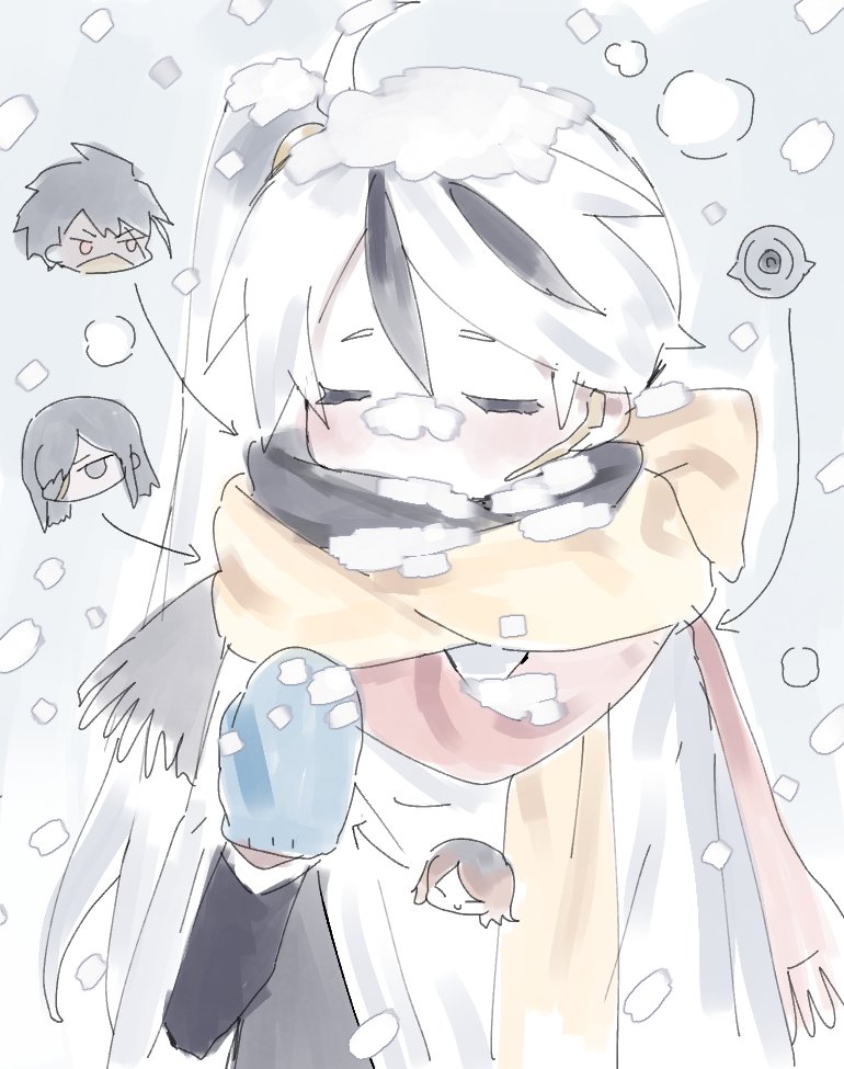 1boy, ahoge, black_scarf, blue_gloves, blush, cape, closed_eyes, devy_lobotomy