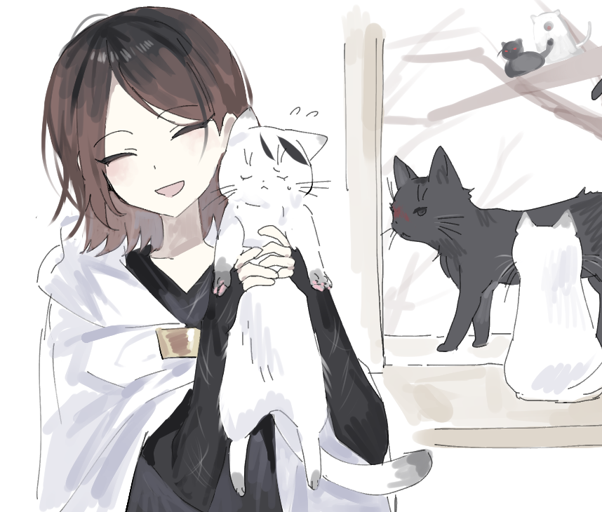 1girl, animal, animalization, black_dress, brown_hair, cat, closed_eyes, closed_mouth