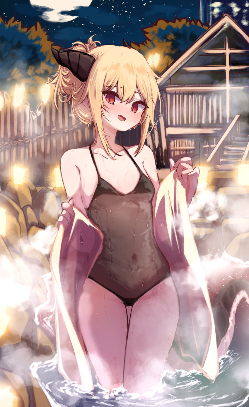 1girl, absurdres, bare_legs, bare_shoulders, black_one-piece_swimsuit, blonde_hair, dragon_girl, dragon_horns, dragon_tail, hero_in_heroine, highres, horns, kim_ami_(hero_in_heroine), kimhiro, looking_at_viewer, one-piece_swimsuit, red_eyes, swimsuit, tail, thighs