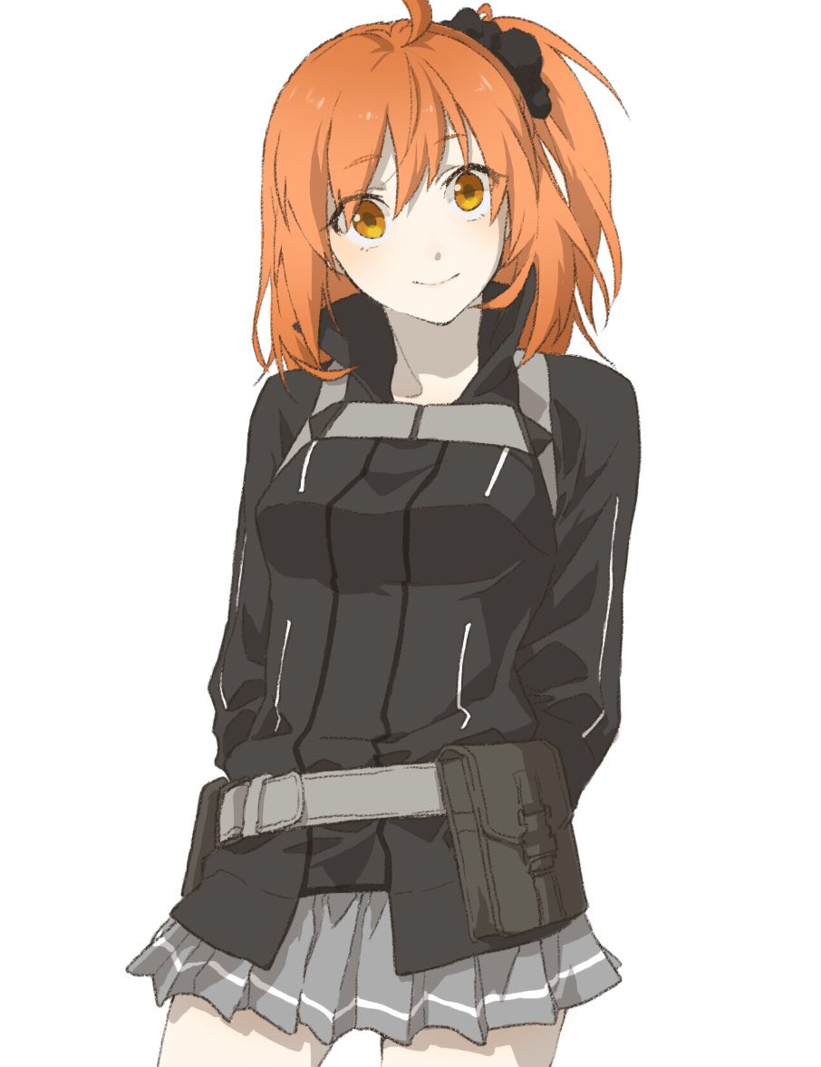1girl, ahoge, arms_behind_back, belt, black_gloves, black_jacket, black_scrunchie, breasts