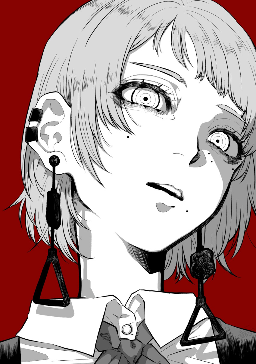 1girl, chainsaw_man, dress, ear_piercing, earrings, fami_(chainsaw_man), fourth_east_high_school_uniform, grey_hair