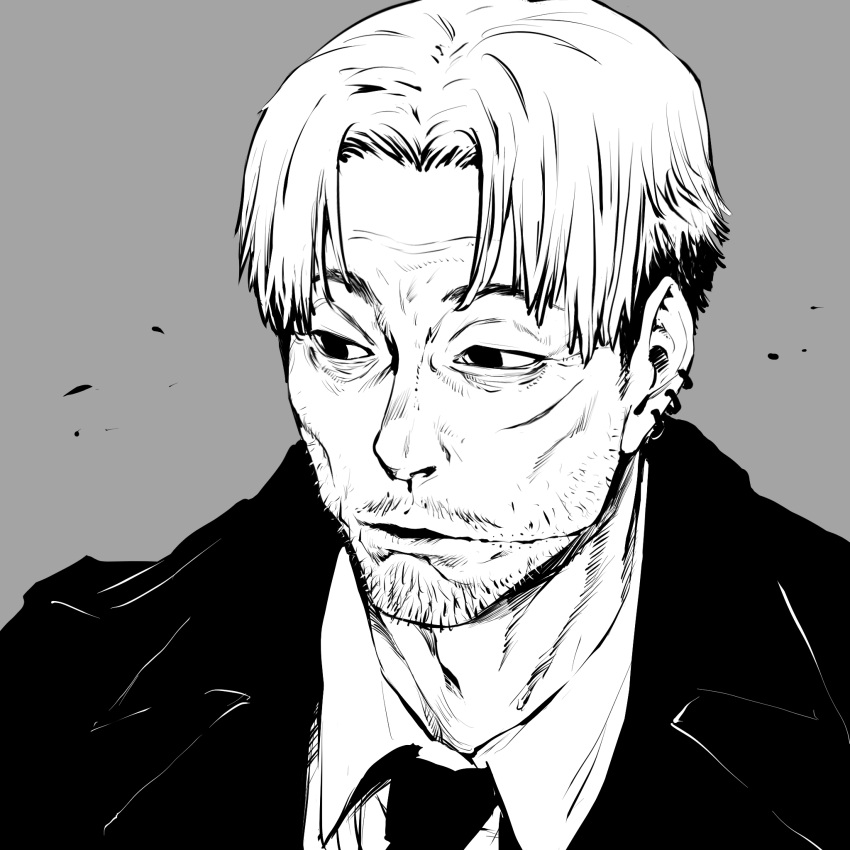1boy, beard, chainsaw_man, coat, collared_shirt, curtained_hair, ear_piercing, facial_hair, formal, grey_background, greyscale, highres, kishibe_(chainsaw_man), kurosaki_yo, looking_to_the_side, monochrome, necktie, old, old_man, piercing, scar, scar_on_cheek, scar_on_face, shirt, short_hair, simple_background, solo, stitches, stubble, suit, undercut
