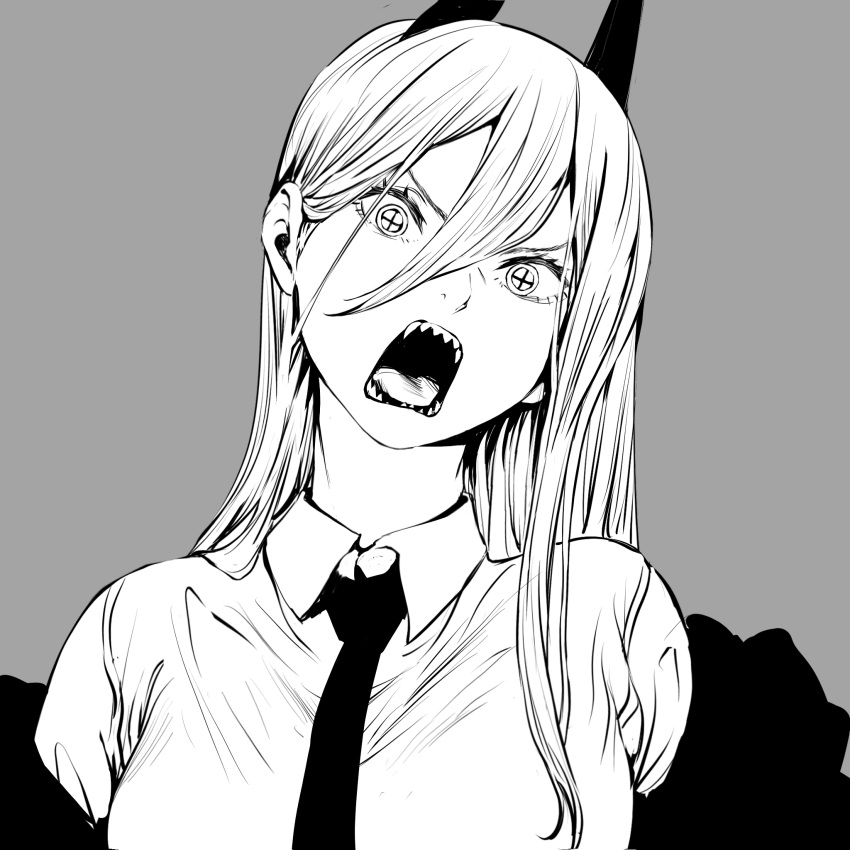 1girl, chainsaw_man, collared_shirt, cross-shaped_pupils, grey_background, greyscale, hair_between_eyes, highres