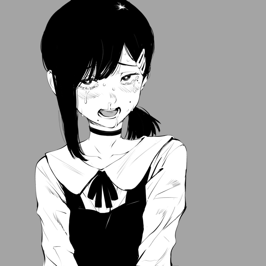1girl, black_choker, black_hair, chainsaw_man, choker, crying, crying_with_eyes_open, dress