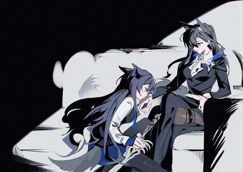 2girls, animal_ears, arknights, ascot, black_hair, black_jacket, black_pantyhose, black_skirt, black_vest, blue_gloves, blue_necktie, blue_shorts, commentary_request, couch, crossed_legs, extra_ears, gertrude_(arknights), gloves, highres, jacket, kiss, kissing_hand, ling_s, long_hair, multiple_girls, necktie, pantyhose, shirt, shorts, sitting, skirt, tail, texas_(arknights), texas_the_omertosa_(arknights), thigh_strap, vest, violet_eyes, white_ascot, white_shirt, wolf_ears, wolf_girl, wolf_tail