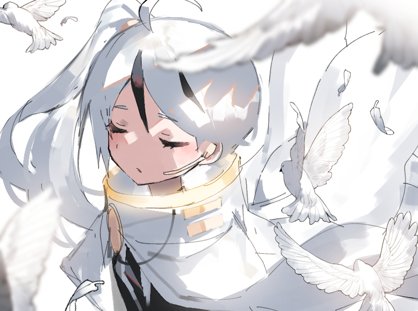 1boy, ahoge, bird, black_jacket, black_necktie, cape, closed_eyes, closed_mouth