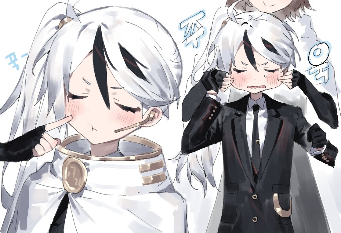 1boy, 1girl, ahoge, black_dress, black_gloves, black_hair, black_jacket, black_necktie