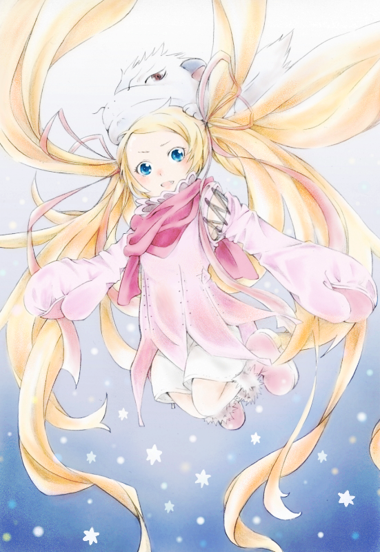 blonde_hair, blue_eyes, dress, fanart, midair, niche_(tegami_bachi), pixiv_id_3348355, steak_(tegami_bachi), tegami_bachi, twintails