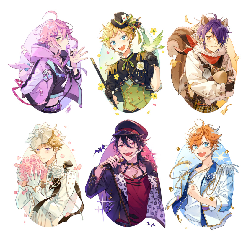 1other, 5boys, acorn, ahoge, akehoshi_subaru, animal_ears, belt, bird