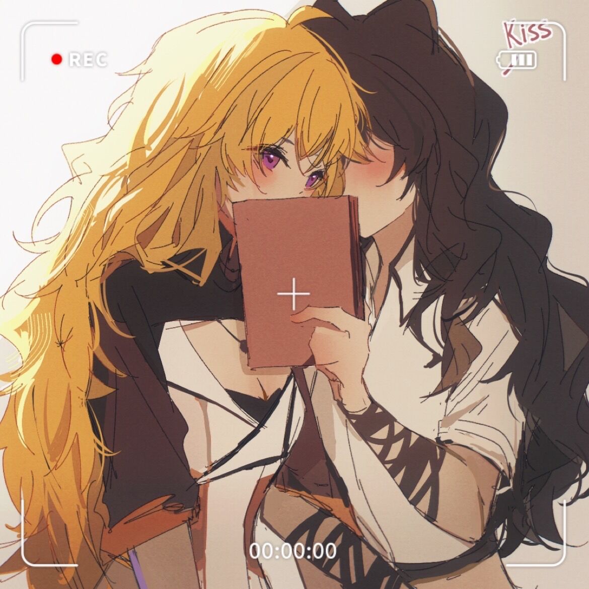 2girls, akane031, animal_ears, battery_indicator, black_hair, blake_belladonna, blonde_hair, blush