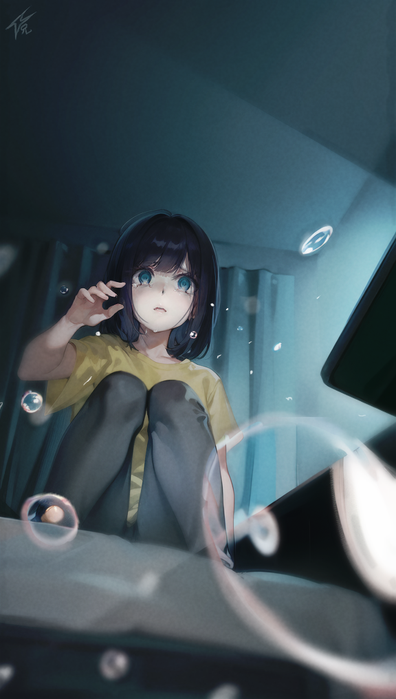 1girl, bedroom, black_pantyhose, blue_eyes, blue_hair, blurry, collarbone, commentary