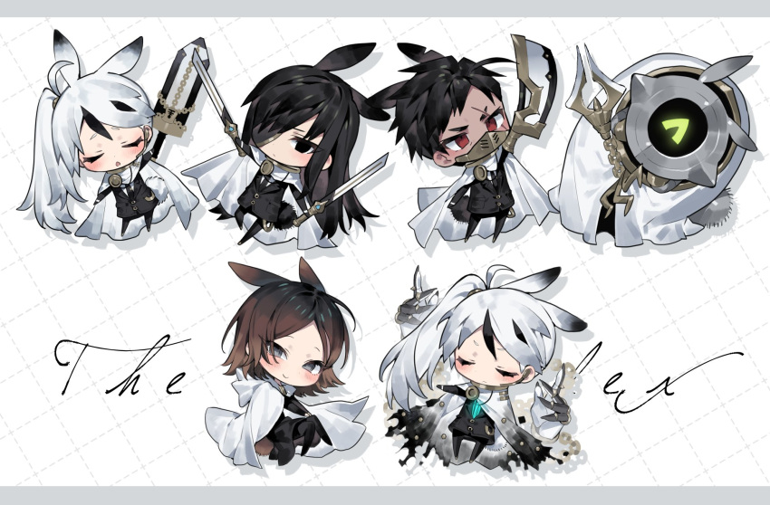 2girls, 3boys, ahoge, animal_ears, black_eyes, black_hair, black_jacket, black_necktie