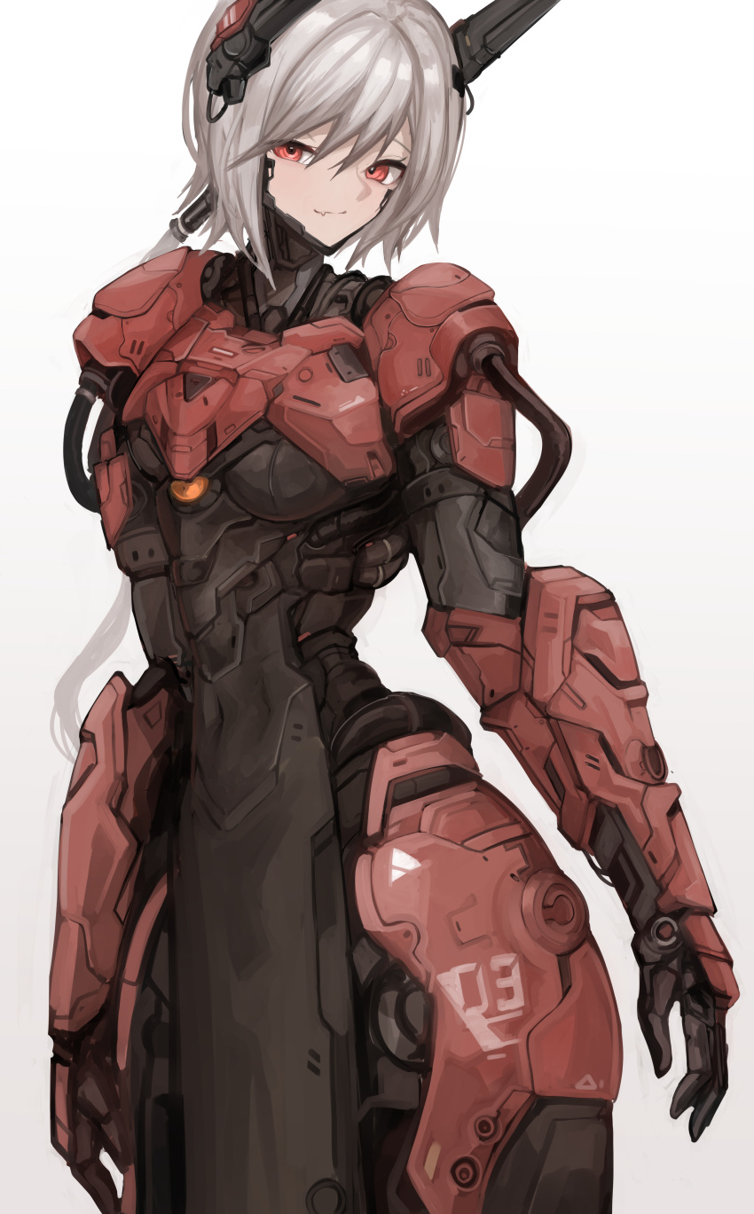 1girl, absurdres, aokuma_(yuuran_create), arms_at_sides, fang, grey_background, grey_hair, headgear