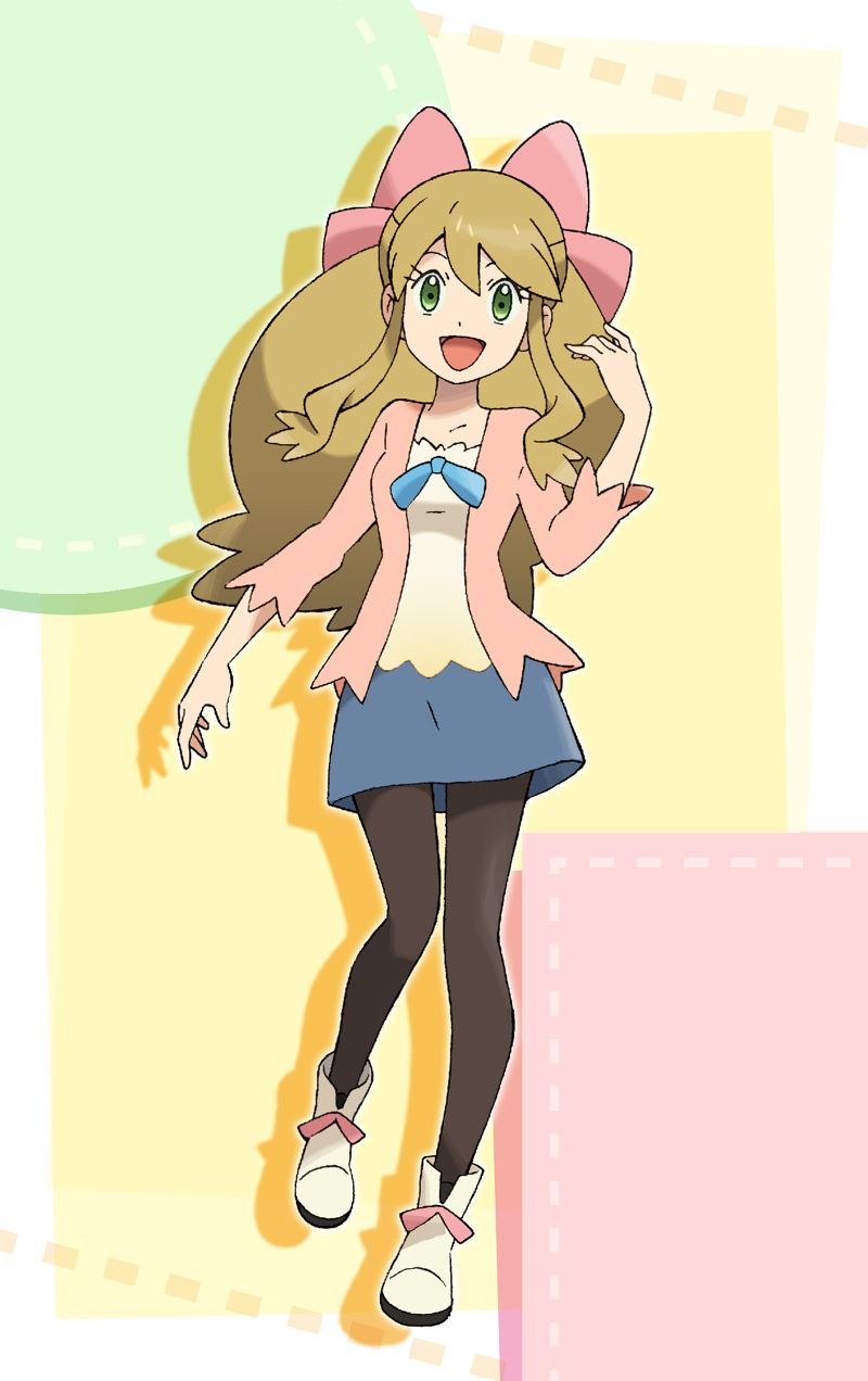 1girl, black_pantyhose, blonde_hair, blue_skirt, bow, eyelashes, full_body, goshogawara_elm, green_eyes, hair_between_eyes, hair_bow, highres, long_hair, long_sleeves, open_mouth, original, pantyhose, shirt, shoes, skirt, smile, solo