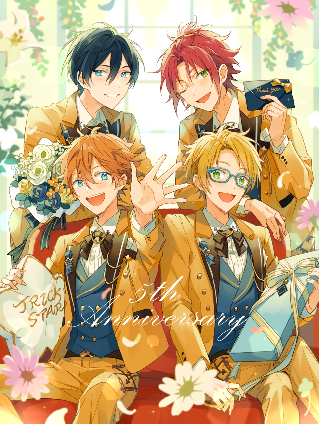 4boys, akehoshi_subaru, aqua_eyes, bangs_pinned_back, black_hair, blonde_hair, blue-framed_eyewear, bouquet