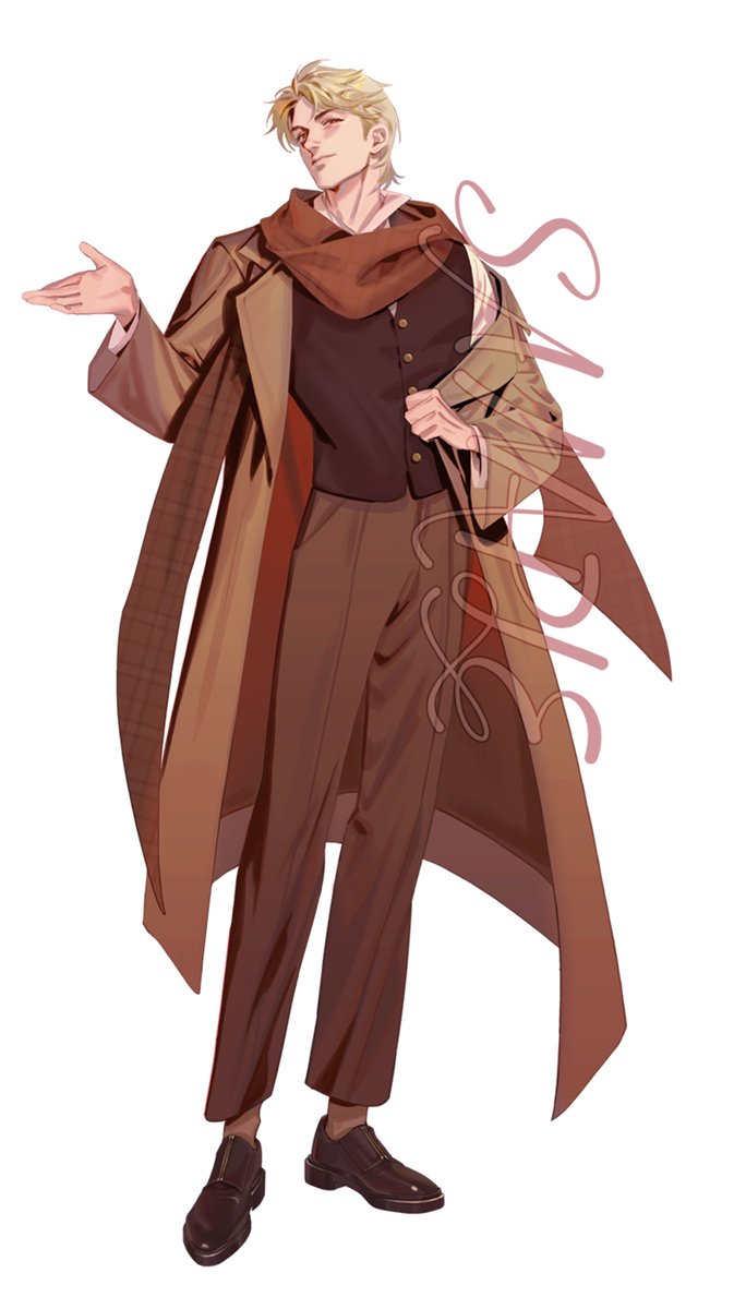 1boy, blonde_hair, brown_coat, brown_eyes, brown_footwear, brown_pants, brown_socks, brown_vest
