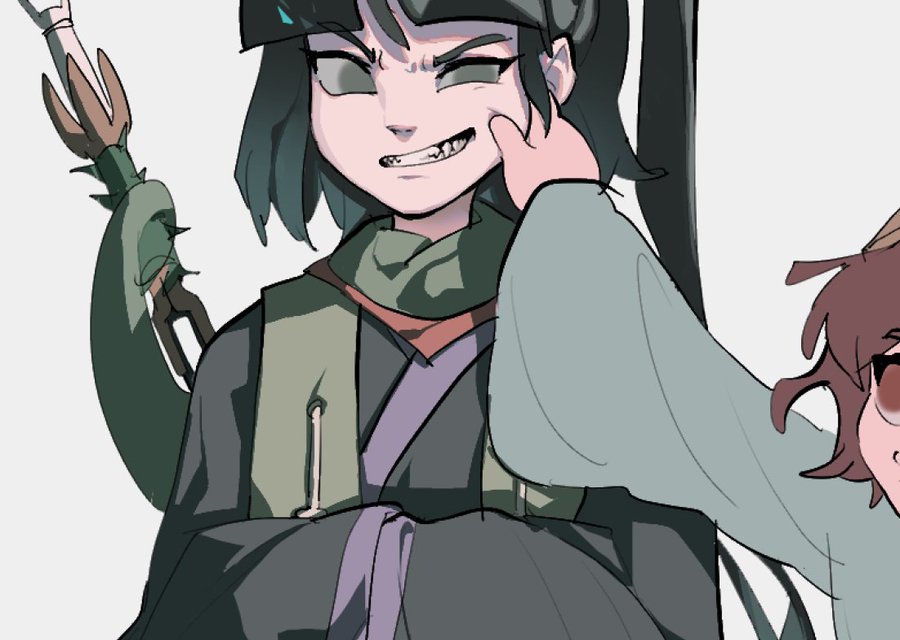 2others, adagumo_no_yaorochi, androgynous, black_eyes, black_hair, black_sleeves, blue_kimono, cheek_pinching, fangs, fingersmile, forced_smile, green_scarf, helmet, japanese_clothes, katano_sukune, kimono, len'en, long_hair, multiple_others, out_of_frame, pinching, pointy_ears, ponytail, red_eyes, redhead, s910a_ib6, scarf, sharp_teeth, short_hair, side_ponytail, snake_tail, sword_of_kusanagi, tail, tasouken, teeth