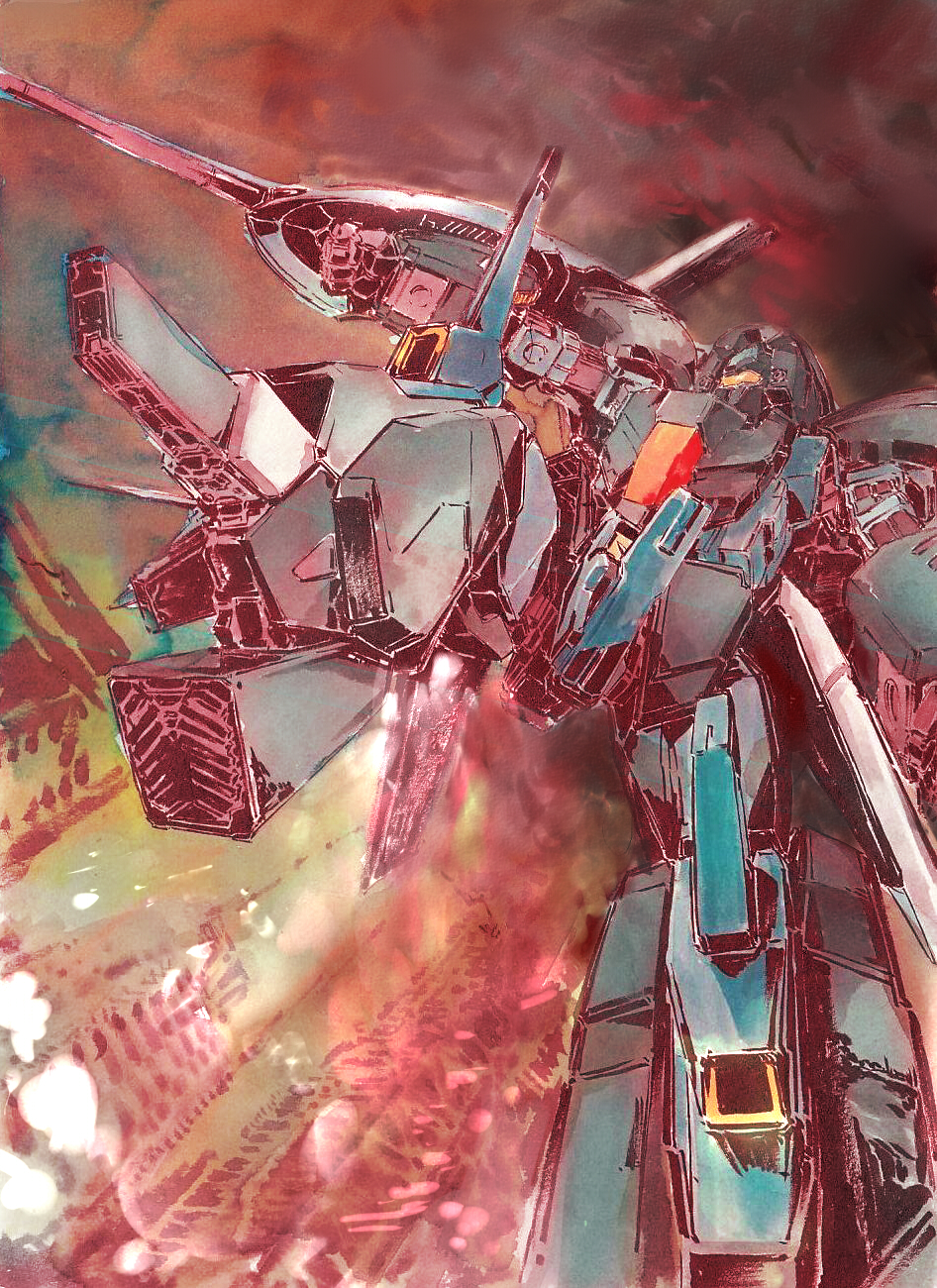 anksha, arm_cannon, battle, beam_cannon, building, clouds, dutch_angle, earth_federation