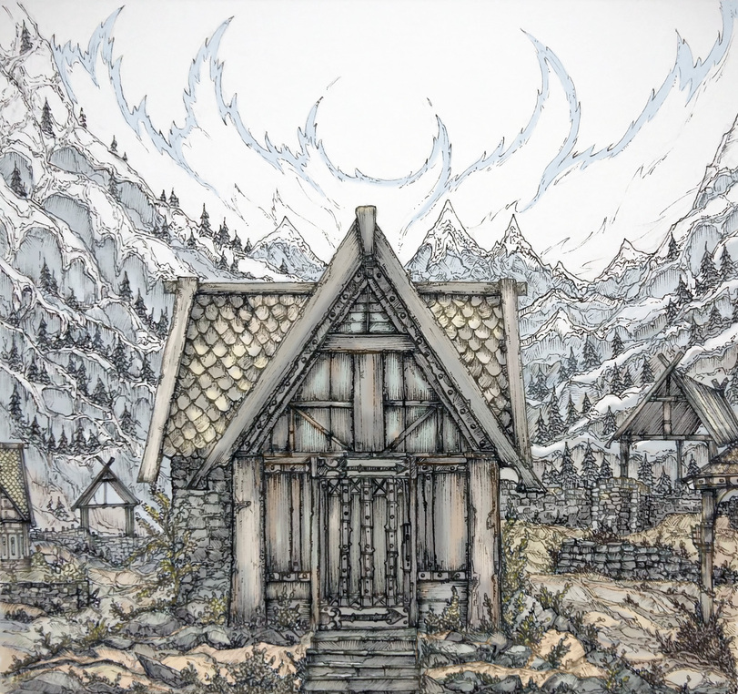 building, limited_palette, ltstry, mountain, muted_color, no_humans, outdoors, scenery, sky, stairs, stone_wall, the_elder_scrolls, the_elder_scrolls_v:_skyrim, tree, wall, white_sky