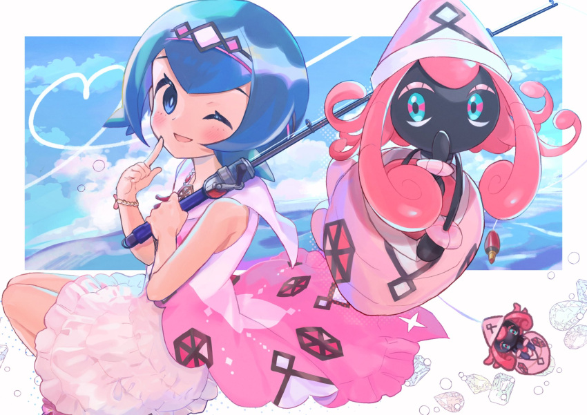 1girl, ;d, abe_(kumayu), blue_hair, blush, bracelet, bubble, clouds, commentary_request, day, dress, fishing_rod, hairband, hands_up, heart, highres, holding, holding_fishing_rod, index_finger_raised, jewelry, lana_(pokemon), lana_(sygna_suit)_(pokemon), looking_at_viewer, official_alternate_costume, one_eye_closed, open_mouth, outdoors, pokemon, pokemon_(creature), pokemon_(game), pokemon_masters_ex, short_hair, sky, smile, tapu_lele
