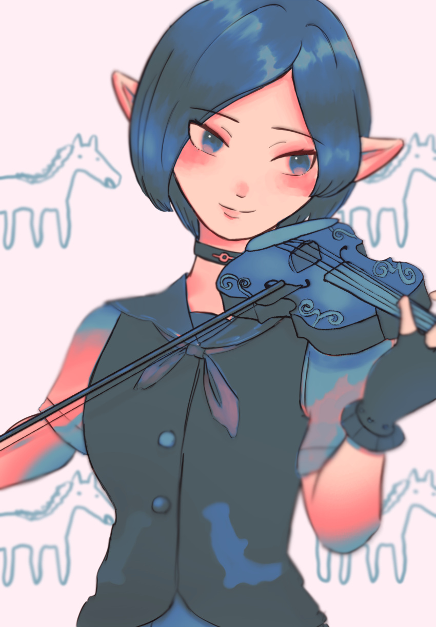 1girl, alternate_eye_color, alternate_hair_color, black_choker, black_gloves, black_vest, blue_eyes, blue_hair