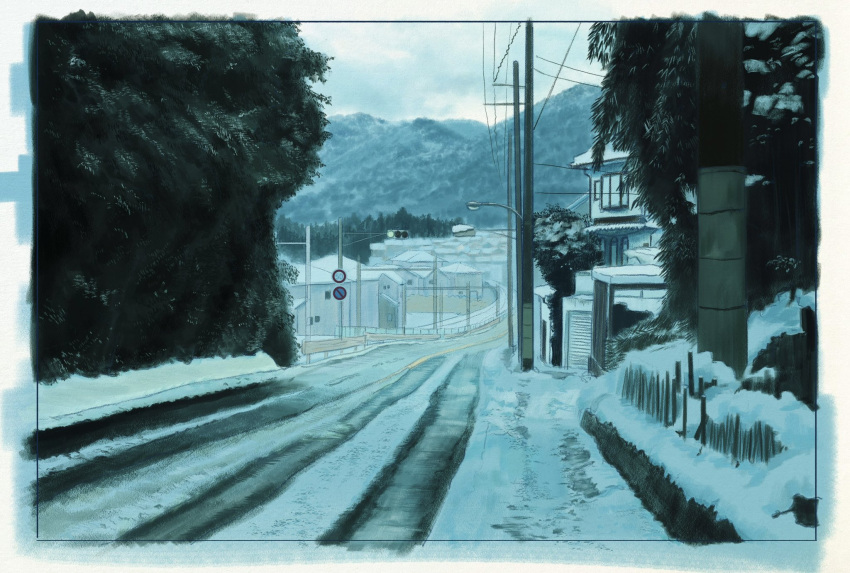 building, fence, garage, highres, house, lamppost, mountain, mountainous_horizon, nature, no_humans, original, outdoors, painting_(medium), power_lines, road, road_sign, scenery, sign, siro_tae, sky, snow, traditional_media, traffic_light, tree, utility_pole, white_sky, winter, wooden_fence