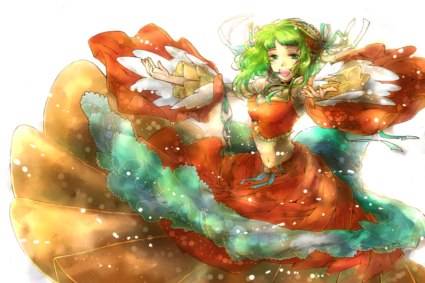detached_sleeves, frills, frilly_dress, green_eyes, green_hair, gumi, hair_ornament, hair_ribbons