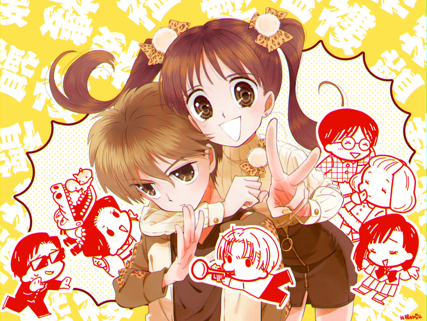 4boys, 4girls, :d, absurdres, alligator, animal_on_head, animal_print, apple-boy