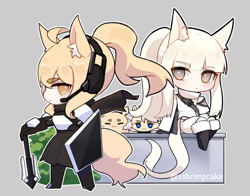 2girls, ahoge, animal_ear_fluff, animal_ears, arknights, armor, armored_dress, black_dress