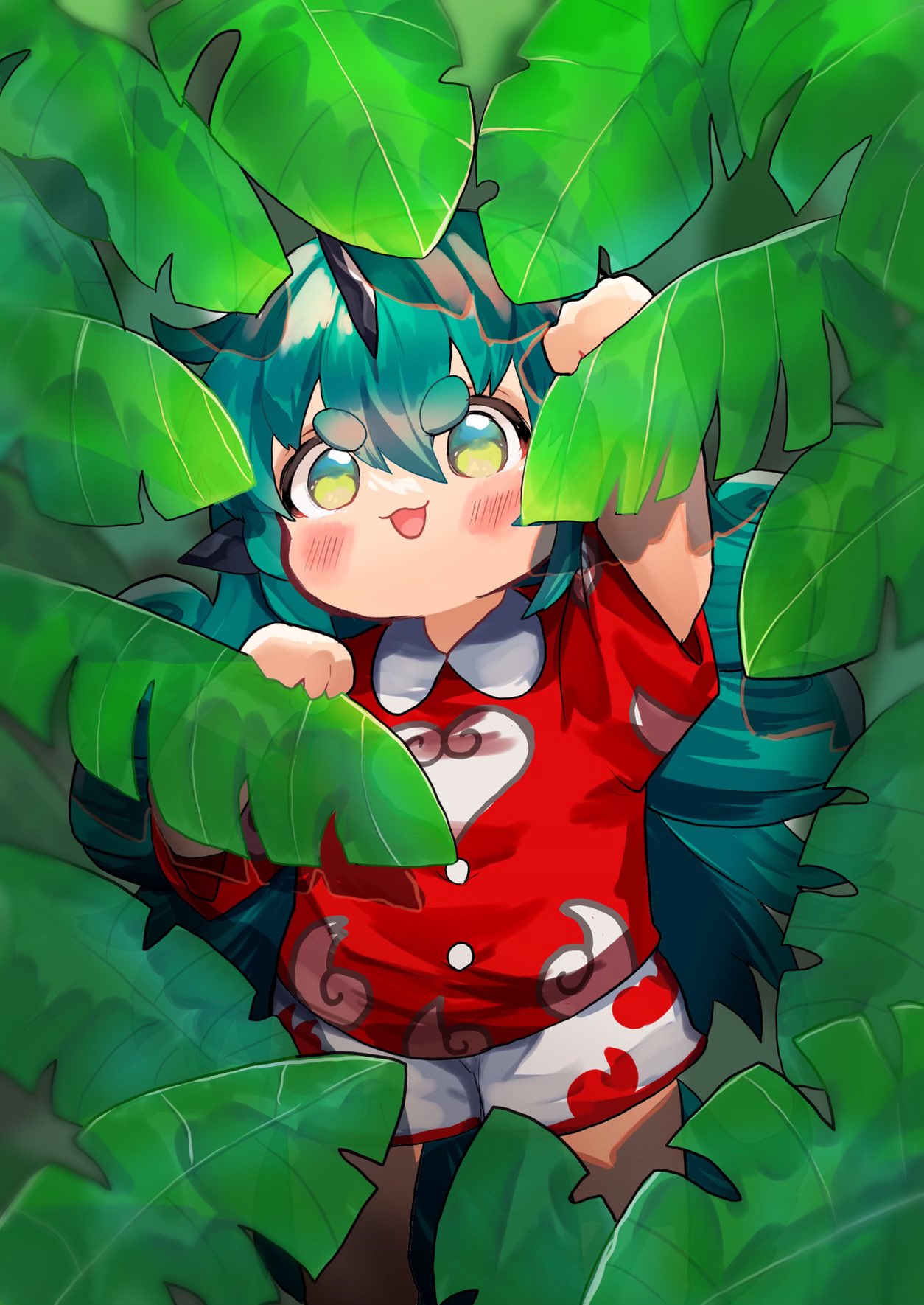 1girl, aqua_hair, blush_stickers, buttons, chibi, cloud_print, curly_hair, exploration