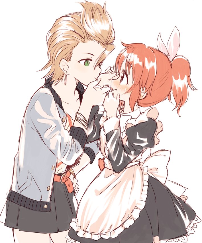2girls, abe_nana, amezawa_koma, apron, belt, black_dress, black_skirt, bracelet, brown_hair, commentary_request, cowboy_shot, dress, earrings, embarrassed, green_eyes, idolmaster, idolmaster_cinderella_girls, jacket, jewelry, kimura_natsuki, kissing_arm, looking_at_another, maid, multiple_girls, open_clothes, open_jacket, orange_eyes, orange_hair, ponytail, short_hair, simple_background, sketch, skirt, white_apron, white_background, yuri