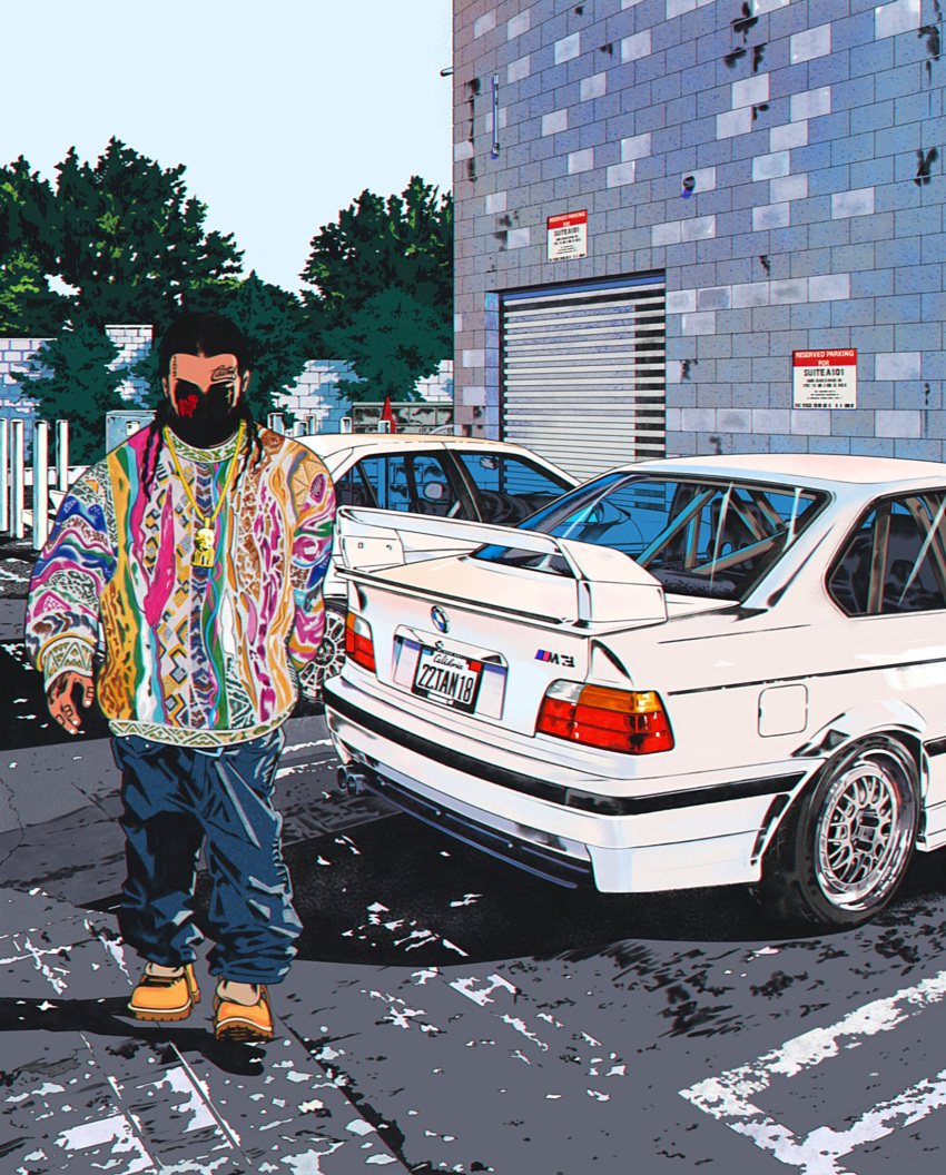 1boy, a$ap_yams, blue_pants, bmw, bmw_m3, boots, braid, brown_hair, car, faceless, faceless_male, facial_tattoo, highres, jewelry, male_focus, motor_vehicle, multicolored_sweater, necklace, orange_footwear, outdoors, pants, real_life, rudcef, shadow, sky, solo, spoiler_(automobile), tattoo, timberland, tree, walking