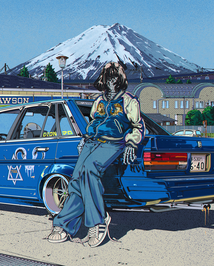 1girl, absurdres, adidas, adidas_superstar, black_hair, blue_pants, car, denim