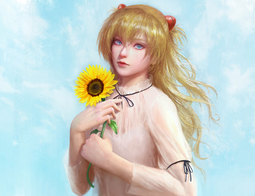 1girl, absurdres, alternate_costume, blue_eyes, closed_mouth, crying, crying_with_eyes_open, flower