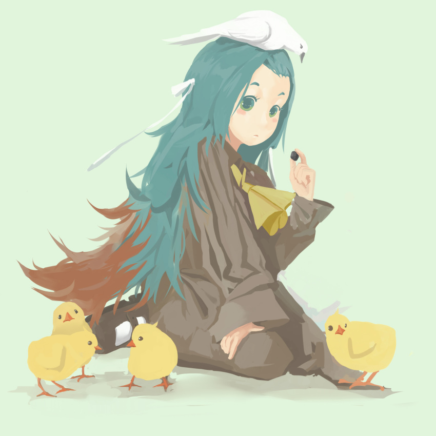 1girl, absurdres, bird, expressionless, feiren_zai, green_background, green_eyes, hair_ribbon