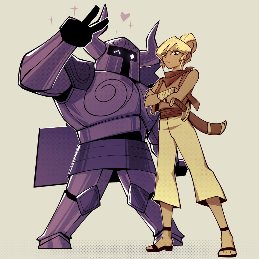 2girls, ^_^, absurdres, armor, bandaged_arm, bandages, blonde_hair, closed_eyes