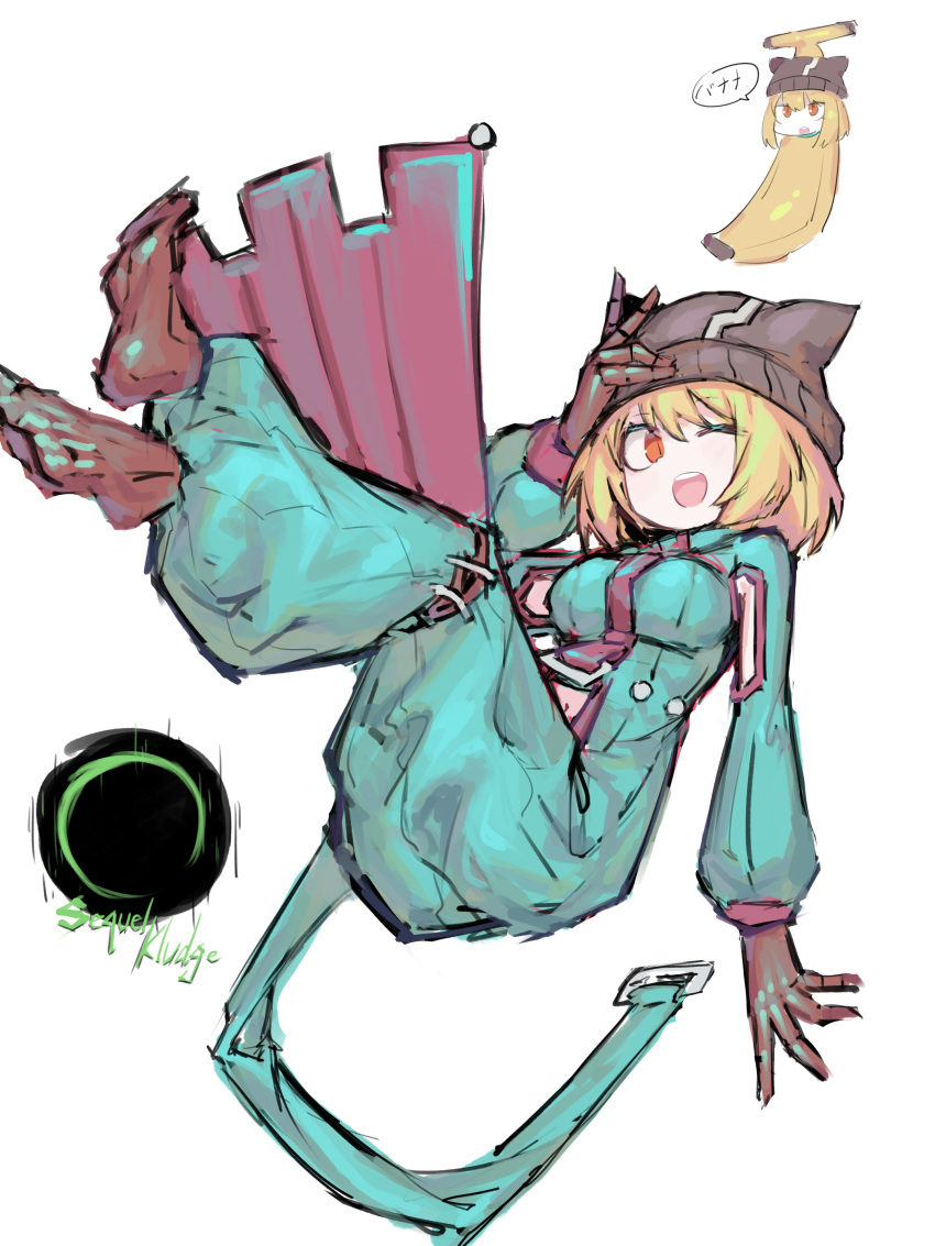 1girl, absurdres, alasharx, aqua_bodysuit, banana, beanie, blonde_hair, bodysuit, breasts, brown_footwear, brown_gloves, copyright_name, food, fruit, gloves, grey_headwear, hair_between_eyes, hand_on_headwear, hand_up, hat, highres, long_sleeves, medium_breasts, navel, one_eye_closed, open_mouth, orange_eyes, puffy_long_sleeves, puffy_sleeves, sequel_kludge, short_hair, simple_background, solo, teeth, upper_teeth_only, vyner_(sequel), white_background