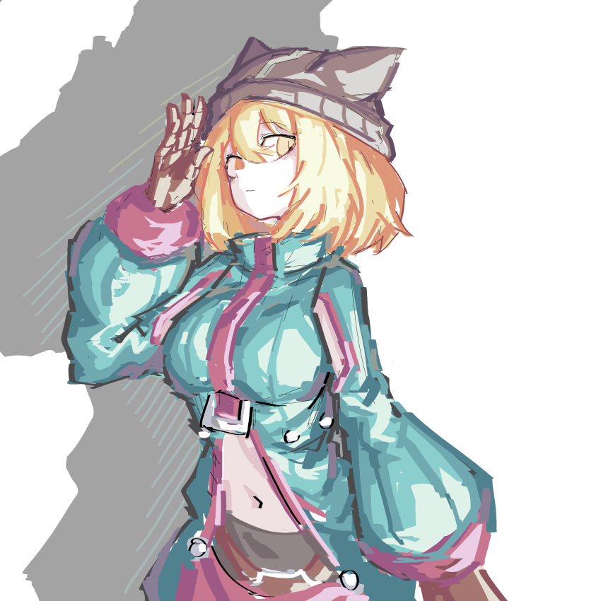 1girl, absurdres, alasharx, aqua_bodysuit, beanie, blonde_hair, breasts, brown_gloves