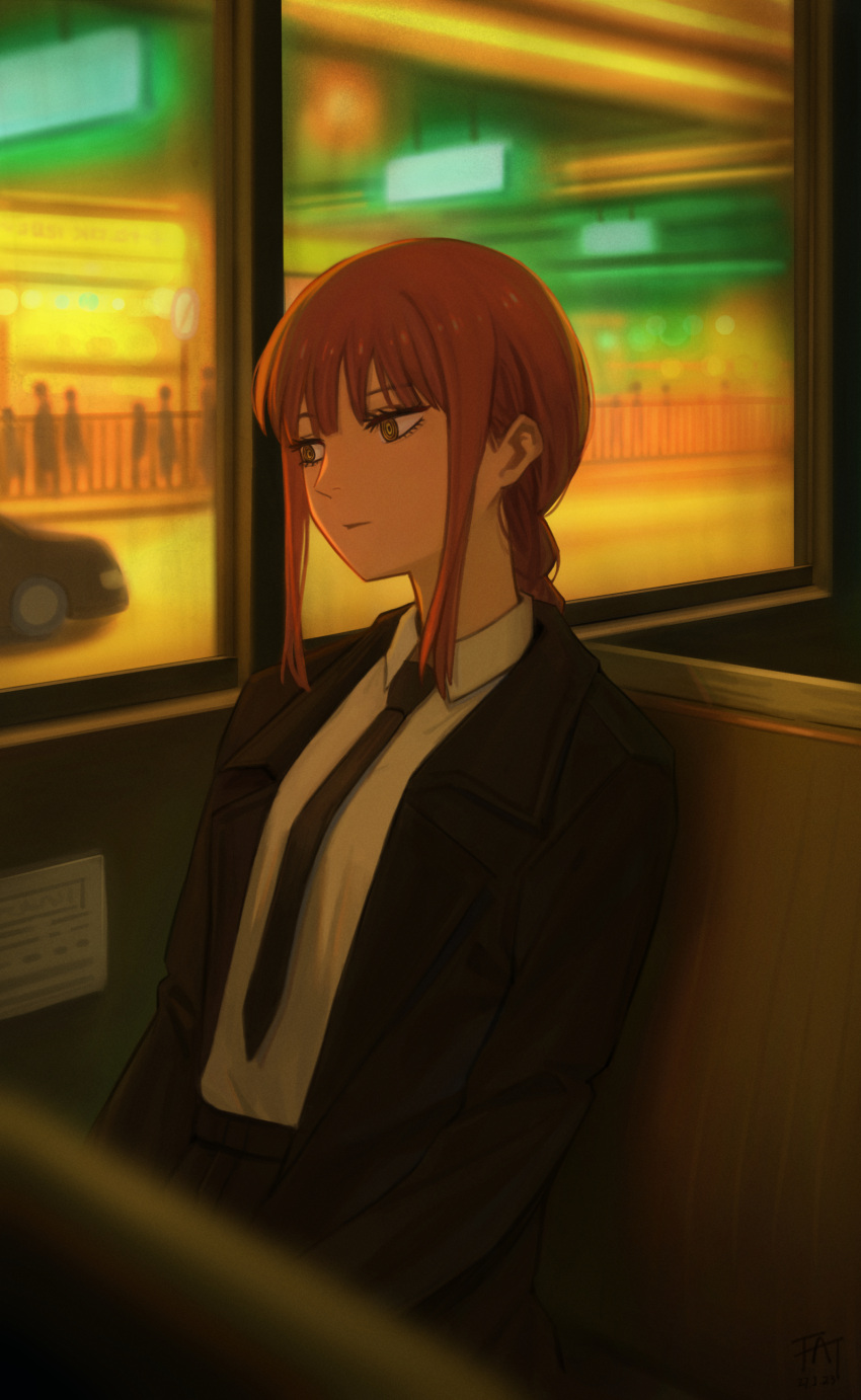 1girl, absurdres, black_necktie, braid, braided_ponytail, brown_hair, business_suit, car