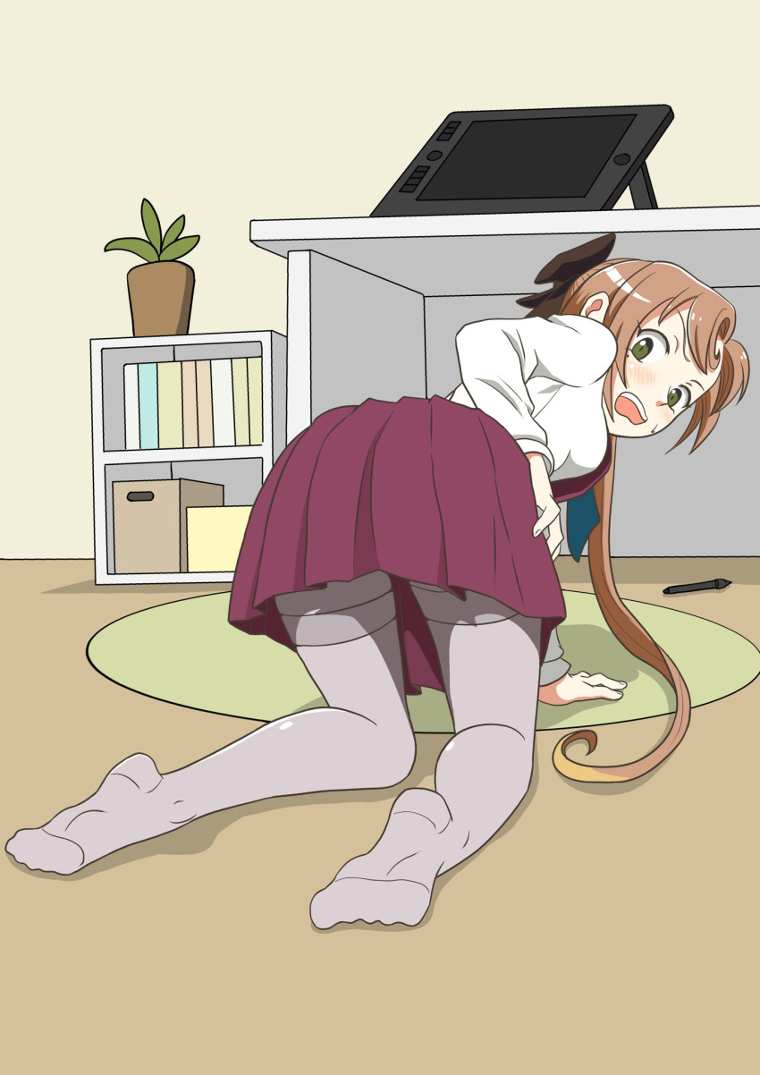 1girl, akigumo_(kancolle), all_fours, brown_hair, collared_shirt, desk, drawing_tablet, dress, dress_shirt, green_eyes, grey_pantyhose, highres, kantai_collection, looking_at_viewer, looking_back, open_mouth, pantyhose, pleated_dress, ponytail, purple_dress, school_uniform, shelf, shirt, solo, stylus, suou_(oborokwaii), teeth, thighband_pantyhose, upper_teeth_only, white_shirt