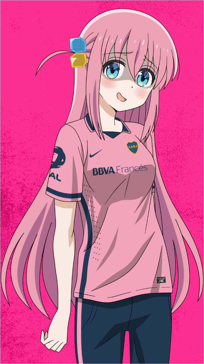 1girl, black_pants, black_skirt, blue_eyes, bocchi_the_rock!, breasts, club_atletico_boca_juniors, cowboy_shot