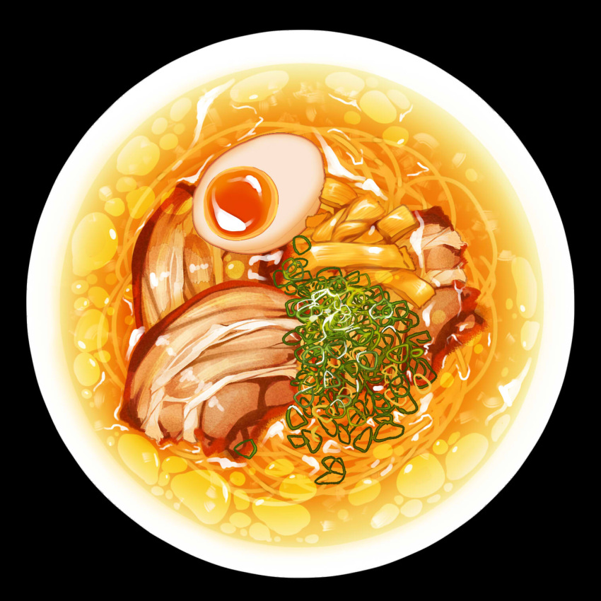 black_background, bowl, food, food_focus, highres, meat, no_humans, noodles, original, pleiades_pleiades, ramen, simple_background, still_life