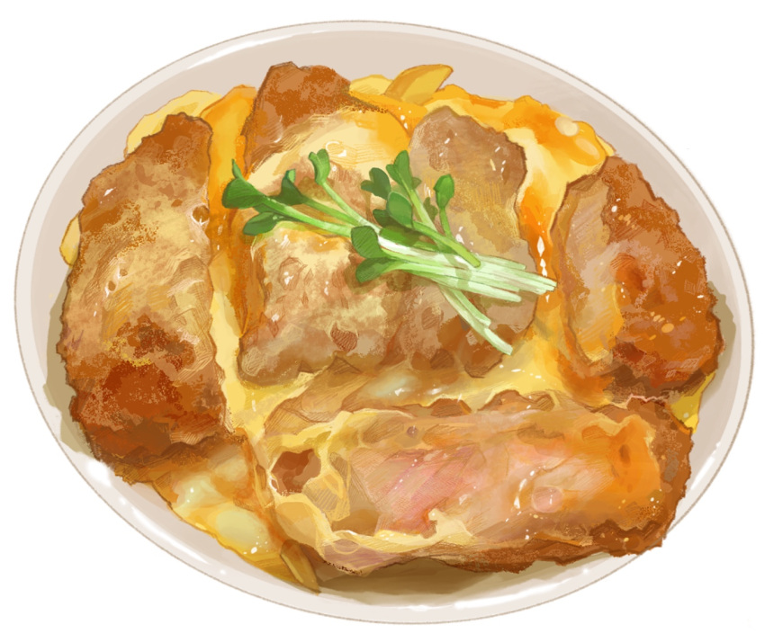 bowl, cheese, commentary, food, food_focus, katsudon_(food), no_humans, original