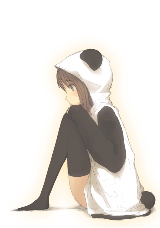 animal_costume, bad_id, brown_hair, green_eyes, idolmaster, motofumi, panda_costume, sitting, solo, thigh-highs, thighhighs