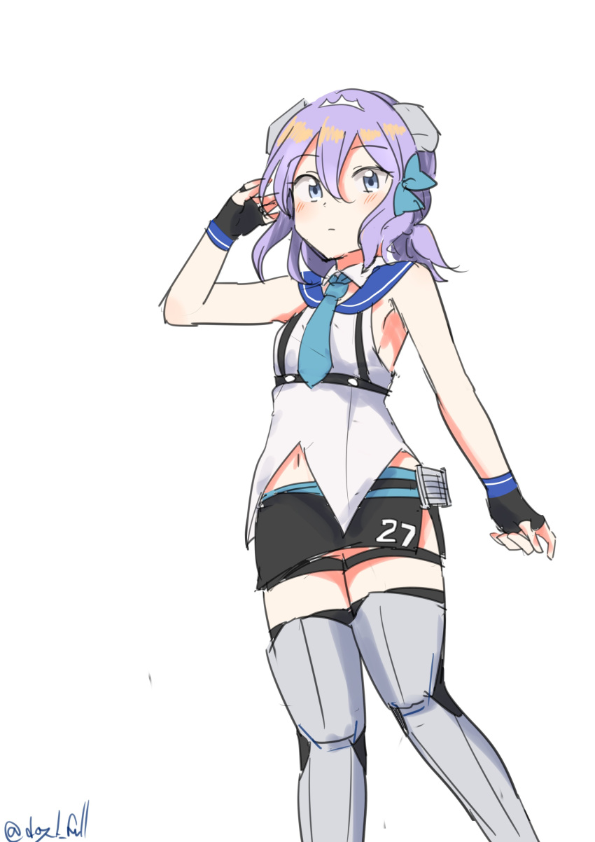 1girl, absurdres, black_gloves, blue_eyes, feet_out_of_frame, fingerless_gloves, gloves, hair_ornament, hair_ribbon, highres, kantai_collection, langley_(kancolle), medium_hair, one-hour_drawing_challenge, pencil_skirt, purple_hair, ribbon, robinson_(day_l_full), shirt, side_slit, simple_background, skirt, sleeveless, sleeveless_shirt, solo, standing, thigh-highs, white_background, white_shirt