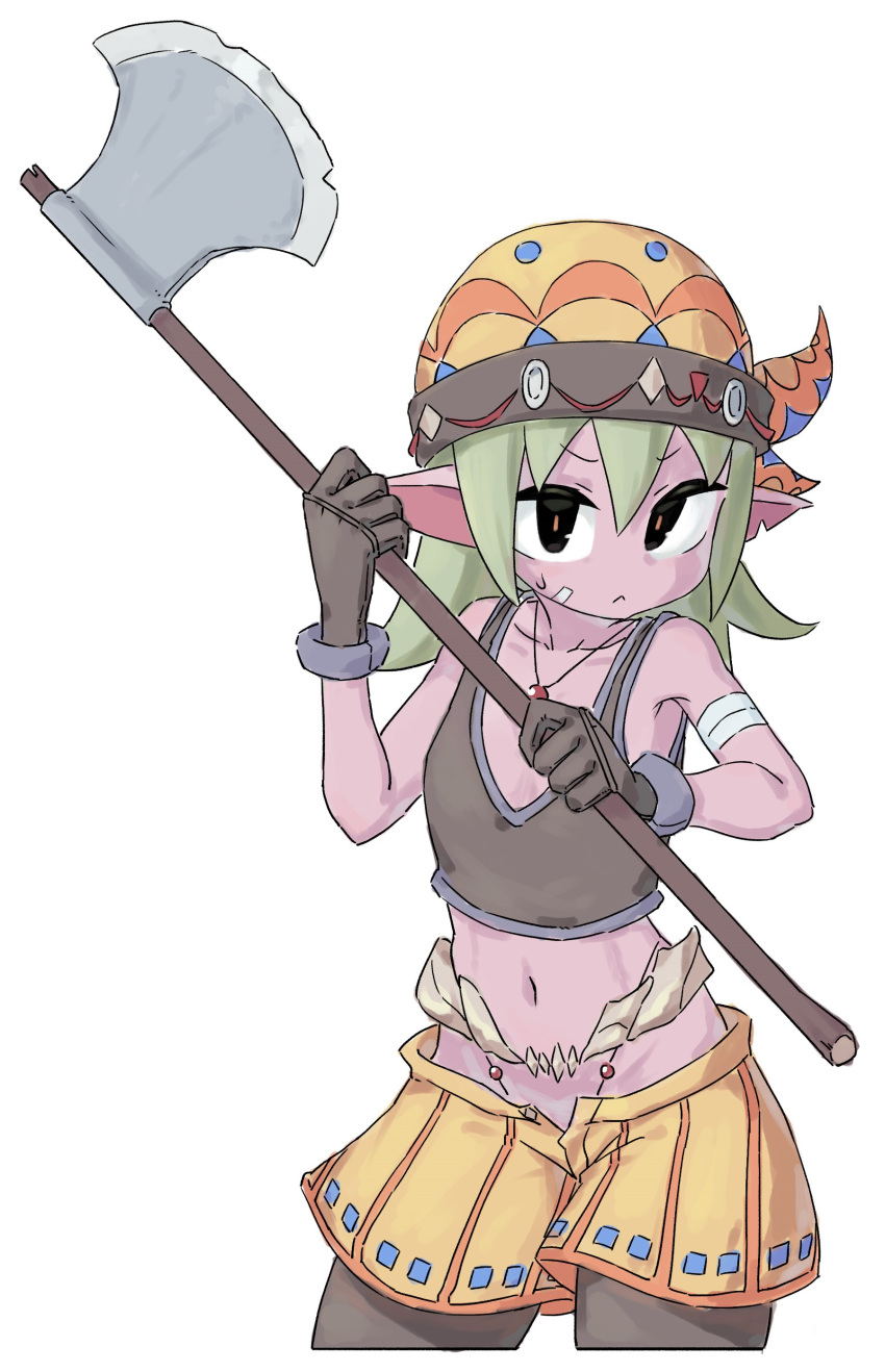 1girl, :<, absurdres, alasharx, axe, bandage_on_face, bandaged_arm, bandages