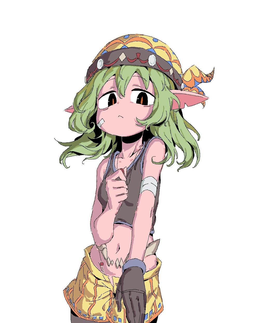 1girl, :<, alasharx, bandage_on_face, bandaged_arm, bandages, bandana, bare_shoulders