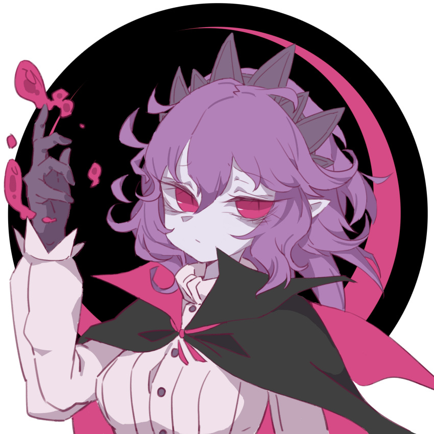 1girl, :/, absurdres, alasharx, bags_under_eyes, black_cape, breasts, buttons